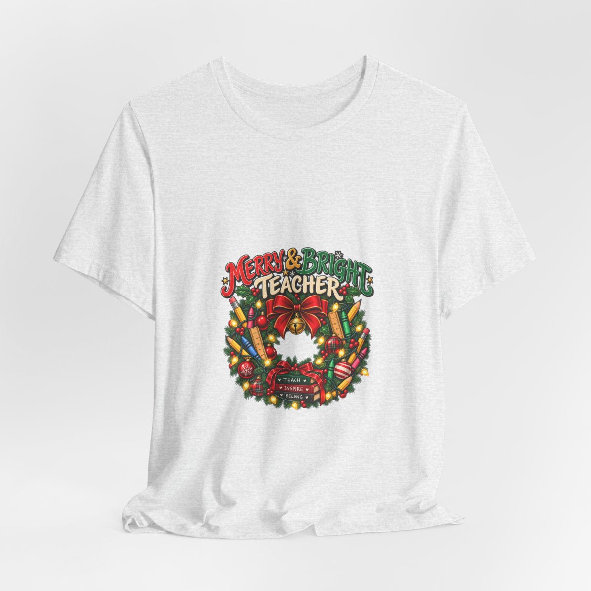Merry & Bright Teacher wreath T-Shirt | Christmas teacher tee