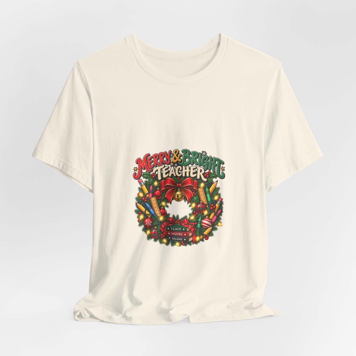 Merry & Bright Teacher wreath T-Shirt | Christmas teacher tee