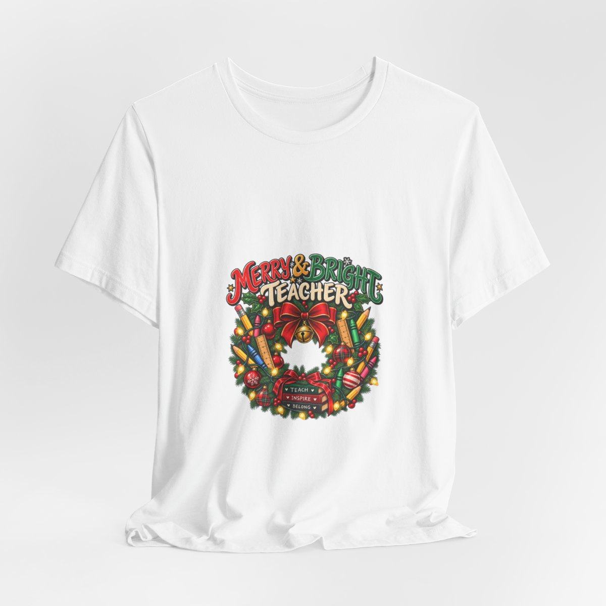Merry & Bright Teacher wreath T-Shirt | Christmas teacher tee