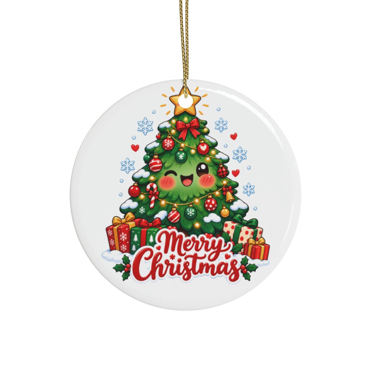Merry Christmas Kawaii Tree Ceramic Ornament | Christmas Ornament