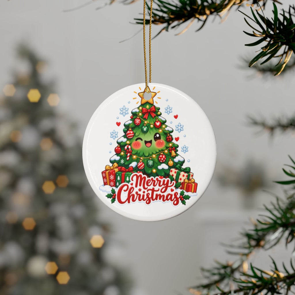 Merry Christmas Kawaii Tree Ceramic Ornament | Christmas Ornament