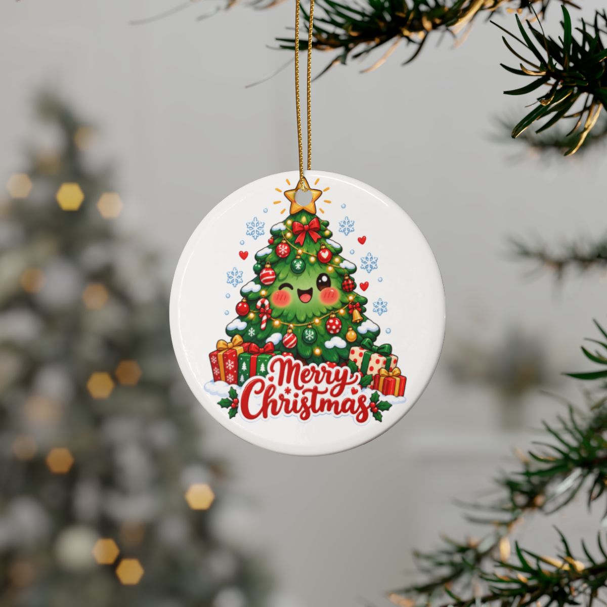 Merry Christmas Kawaii Tree Ceramic Ornament | Christmas Ornament