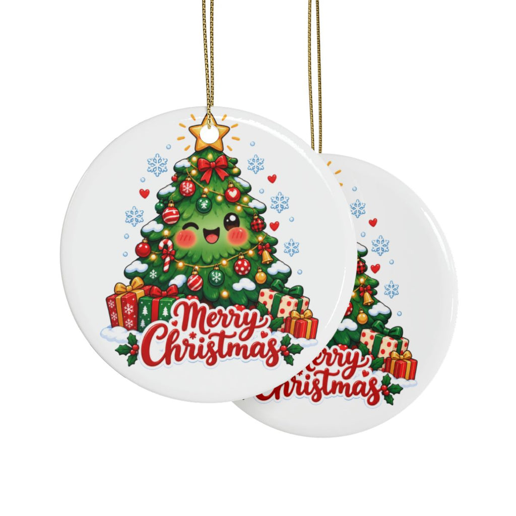 Merry Christmas Kawaii Tree Ceramic Ornament | Christmas Ornament