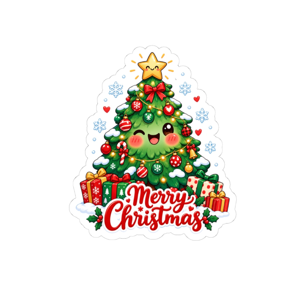 Merry Christmas Kawaii Tree Sticker | Cute Smiling Christmas Tree Vinyl Decal