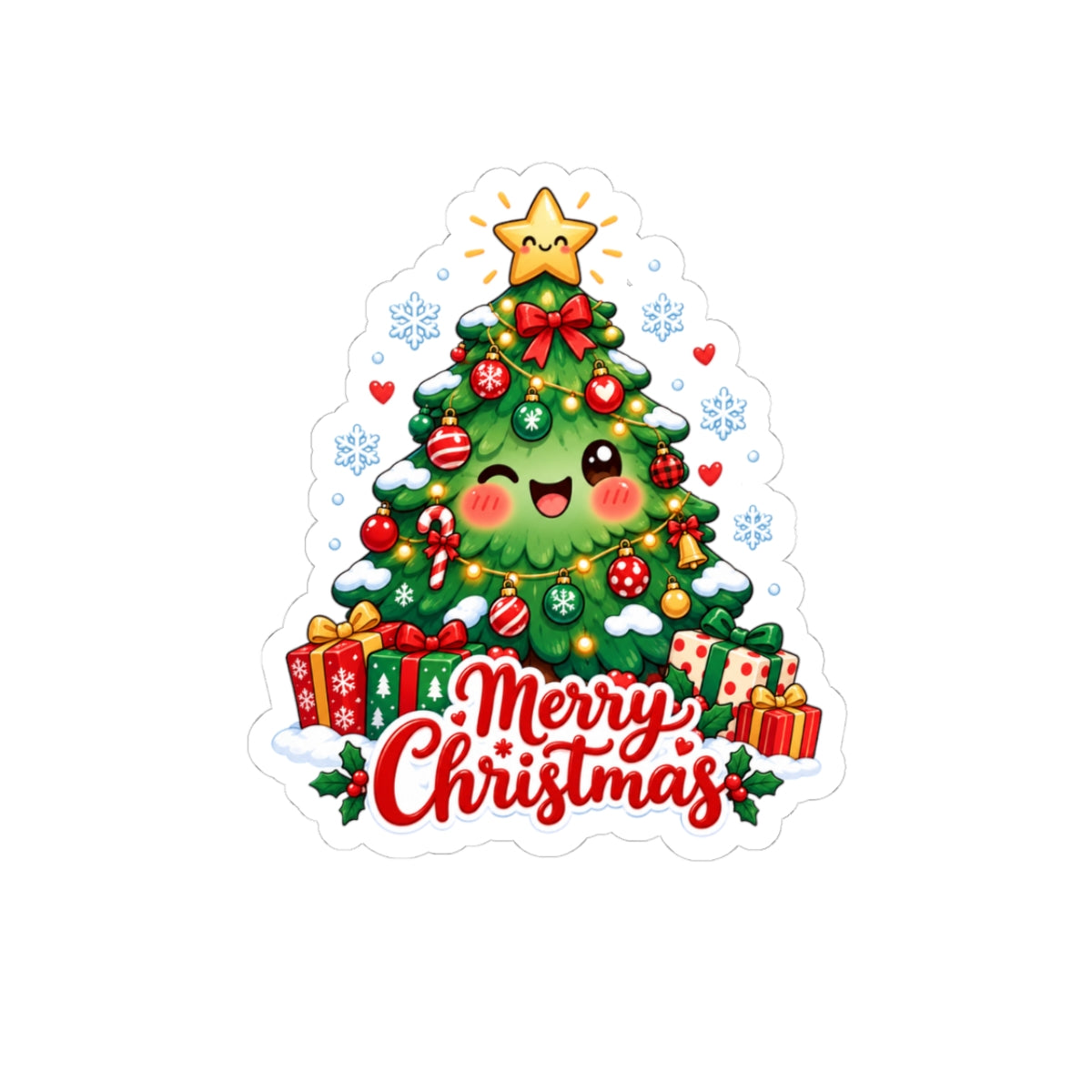 Merry Christmas Kawaii Tree Sticker | Cute Smiling Christmas Tree Vinyl Decal
