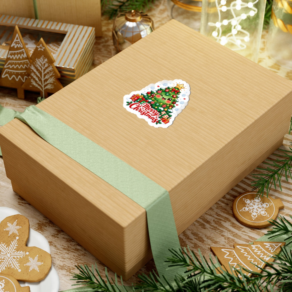 Merry Christmas Kawaii Tree Sticker | Cute Smiling Christmas Tree Vinyl Decal