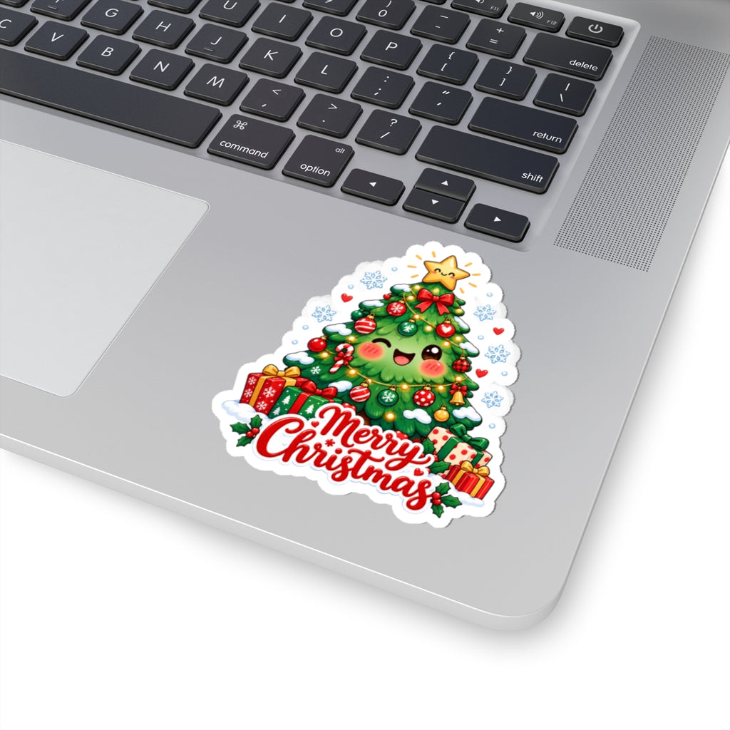 Merry Christmas Kawaii Tree Sticker | Cute Smiling Christmas Tree Vinyl Decal