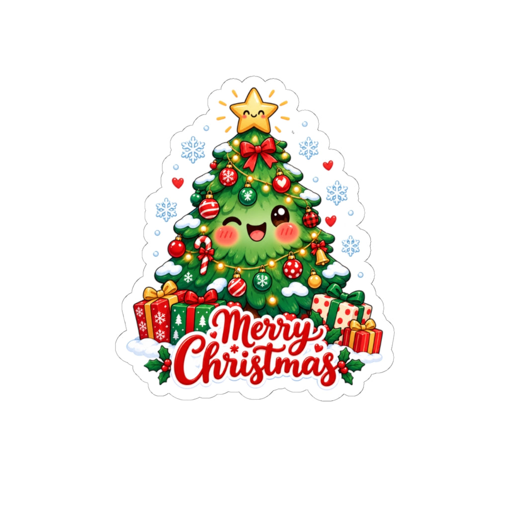 Merry Christmas Kawaii Tree Sticker | Cute Smiling Christmas Tree Vinyl Decal