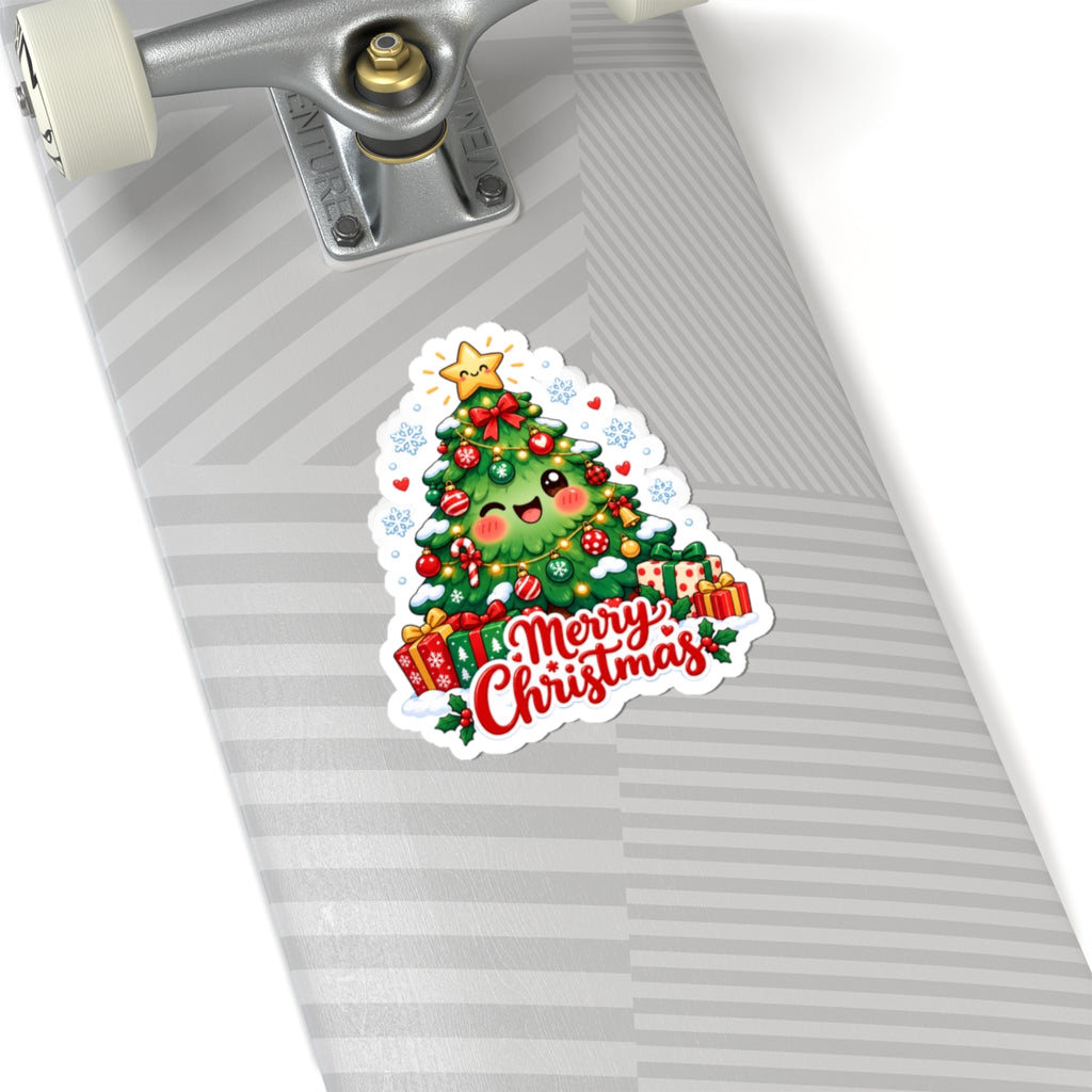 Merry Christmas Kawaii Tree Sticker | Cute Smiling Christmas Tree Vinyl Decal
