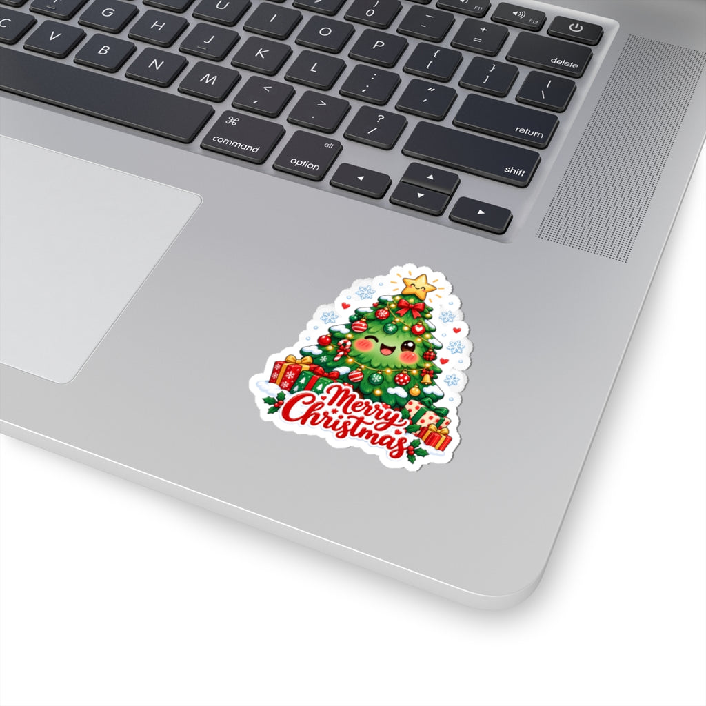Merry Christmas Kawaii Tree Sticker | Cute Smiling Christmas Tree Vinyl Decal