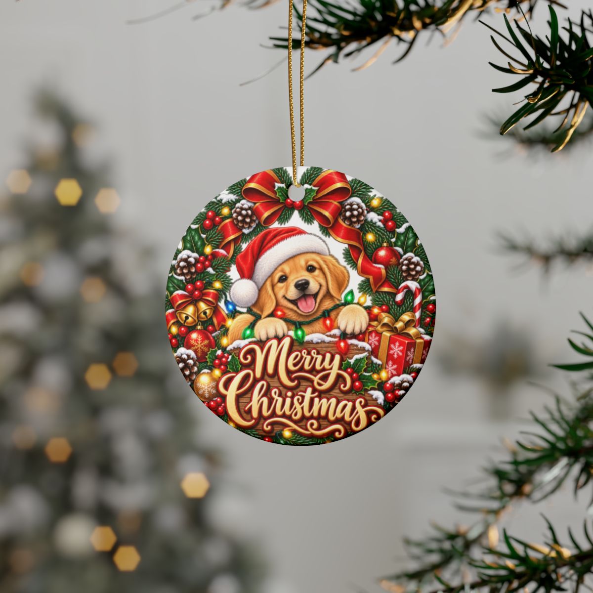 Merry Christmas Puppy Ceramic Ornament | Round Holiday Decoration