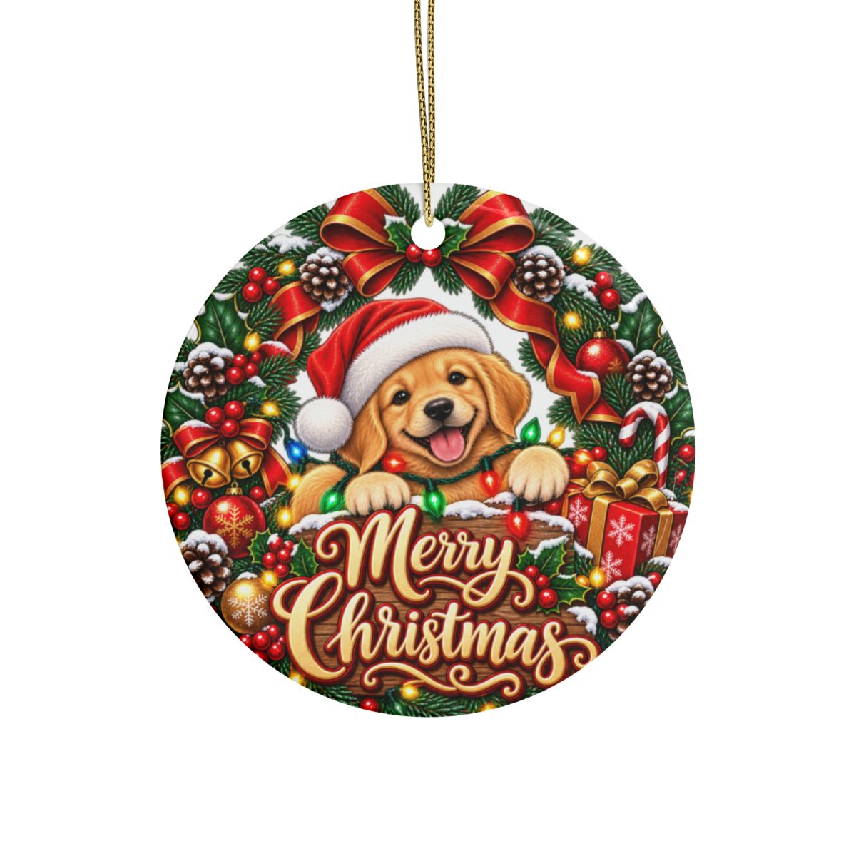 Merry Christmas Puppy Ceramic Ornament | Round Holiday Decoration