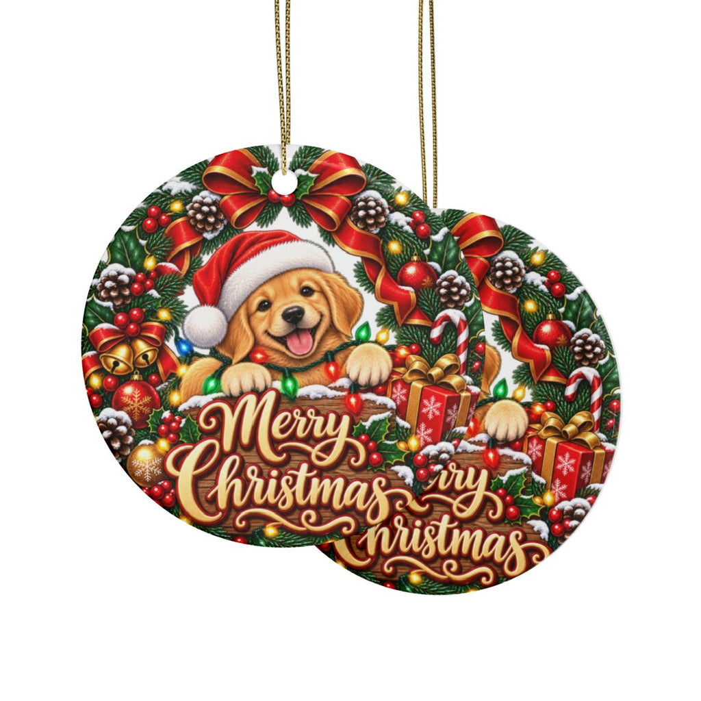 Merry Christmas Puppy Ceramic Ornament | Round Holiday Decoration
