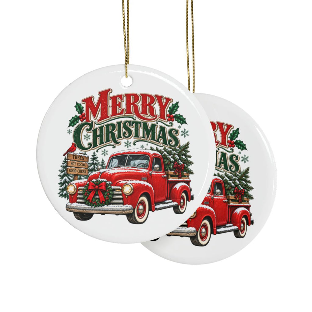 Merry Christmas Red Truck Ceramic Ornament | Round Holiday Tree Decoration