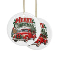Merry Christmas Red Truck Ceramic Ornament | Round Holiday Tree Decoration