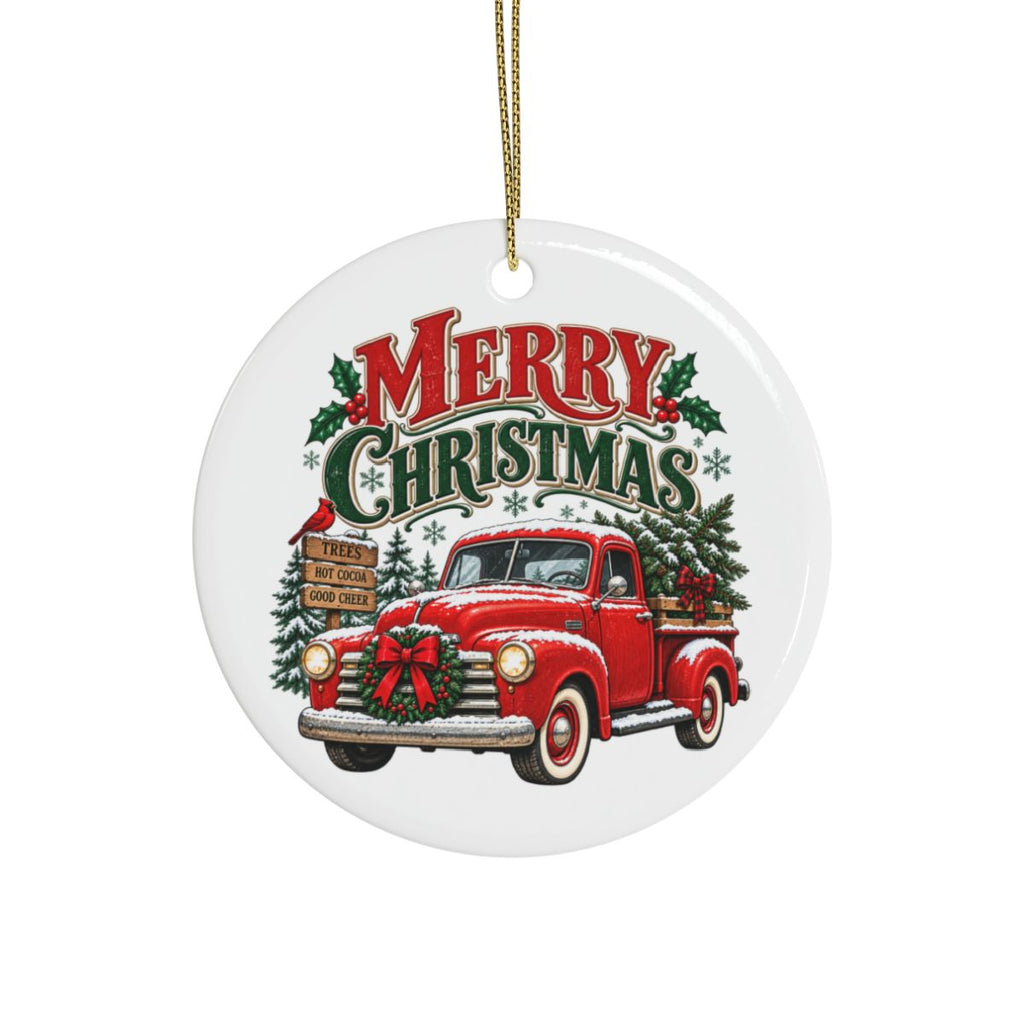 Merry Christmas Red Truck Ceramic Ornament | Round Holiday Tree Decoration