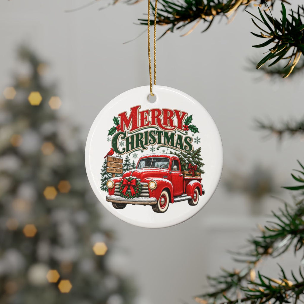 Merry Christmas Red Truck Ceramic Ornament | Round Holiday Tree Decoration