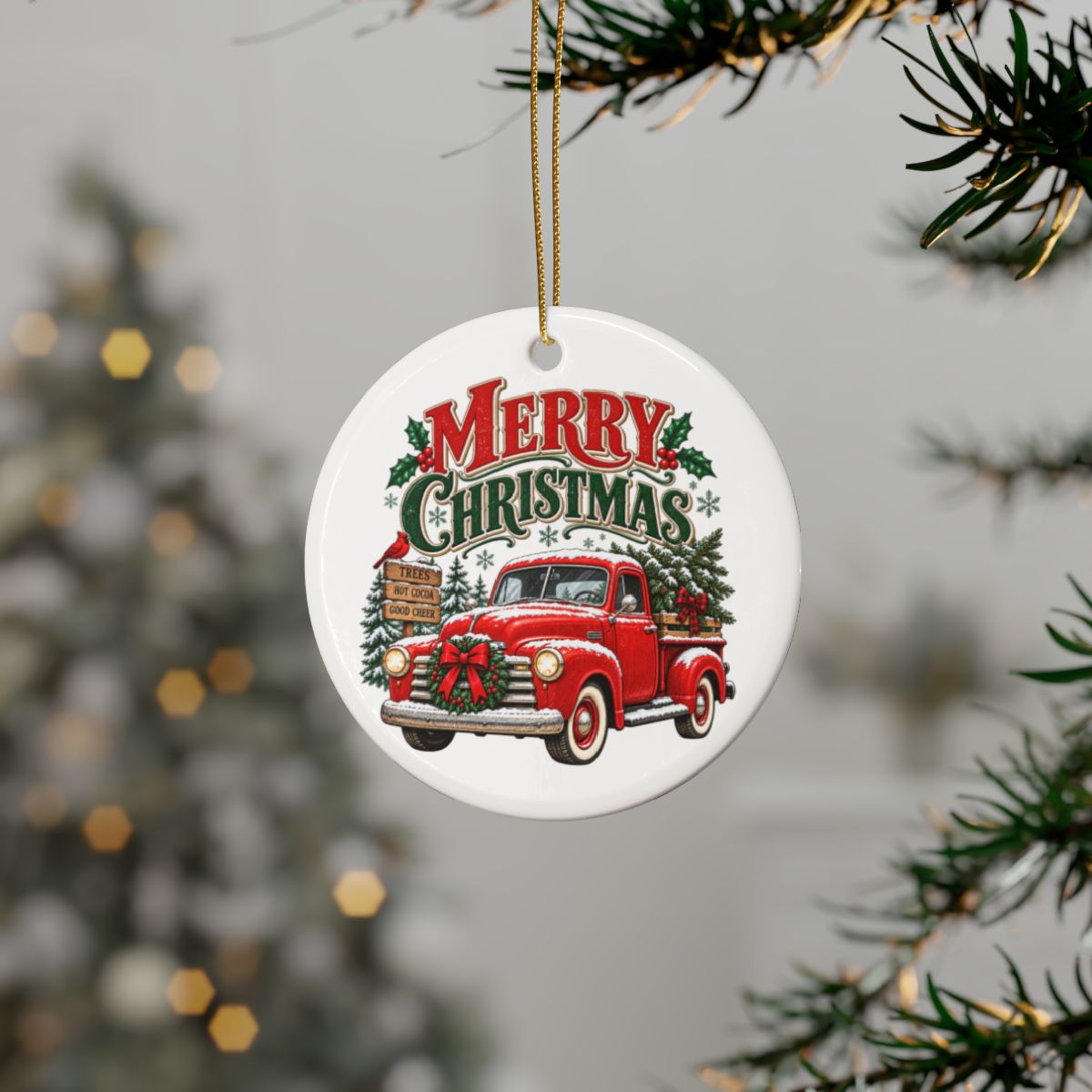 Merry Christmas Red Truck Ceramic Ornament | Round Holiday Tree Decoration