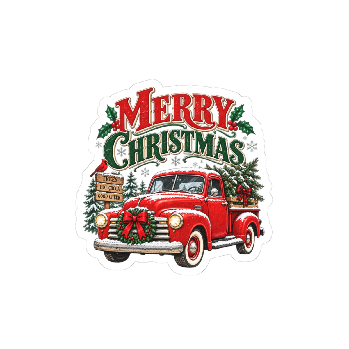 Merry Christmas Red Truck Sticker | Vintage Truck Christmas Tree Decal