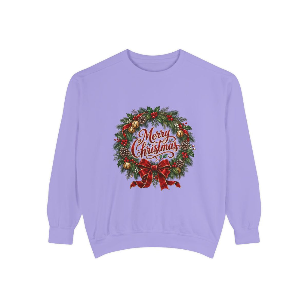 Merry Christmas Wreath Sweatshirt | Holiday Pine Garland, Red Bow, Festive Typography