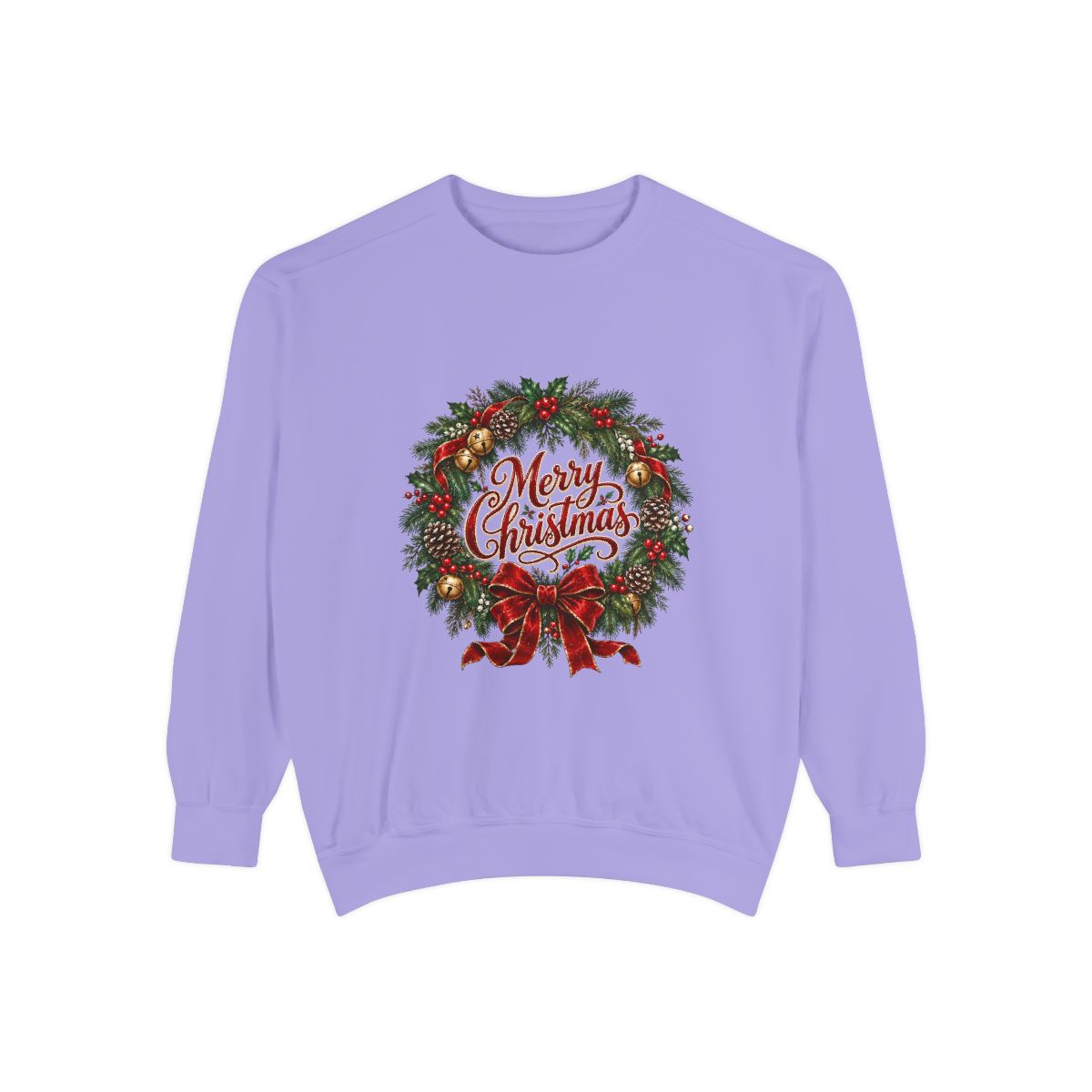 Merry Christmas Wreath Sweatshirt | Holiday Pine Garland, Red Bow, Festive Typography