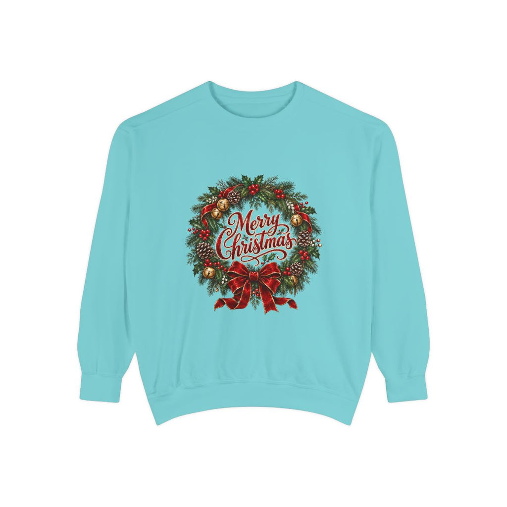 Merry Christmas Wreath Sweatshirt | Holiday Pine Garland, Red Bow, Festive Typography