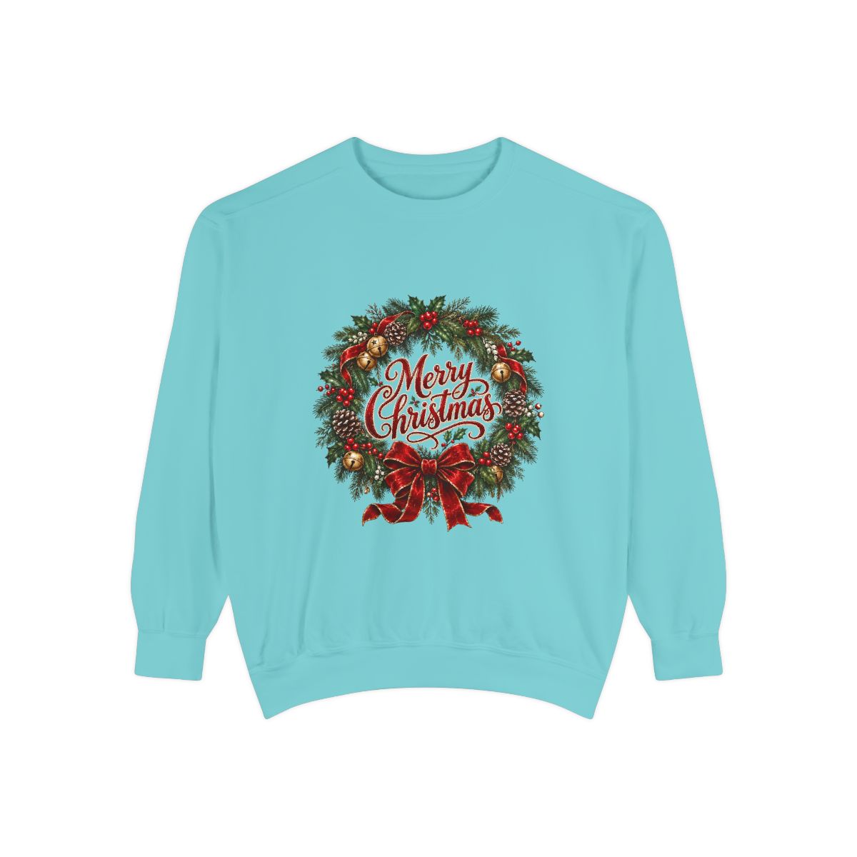 Merry Christmas Wreath Sweatshirt | Holiday Pine Garland, Red Bow, Festive Typography