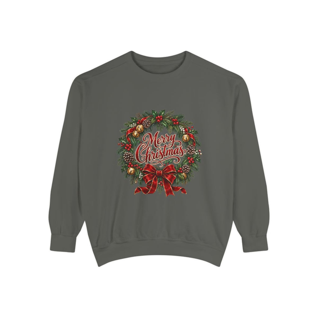 Merry Christmas Wreath Sweatshirt | Holiday Pine Garland, Red Bow, Festive Typography