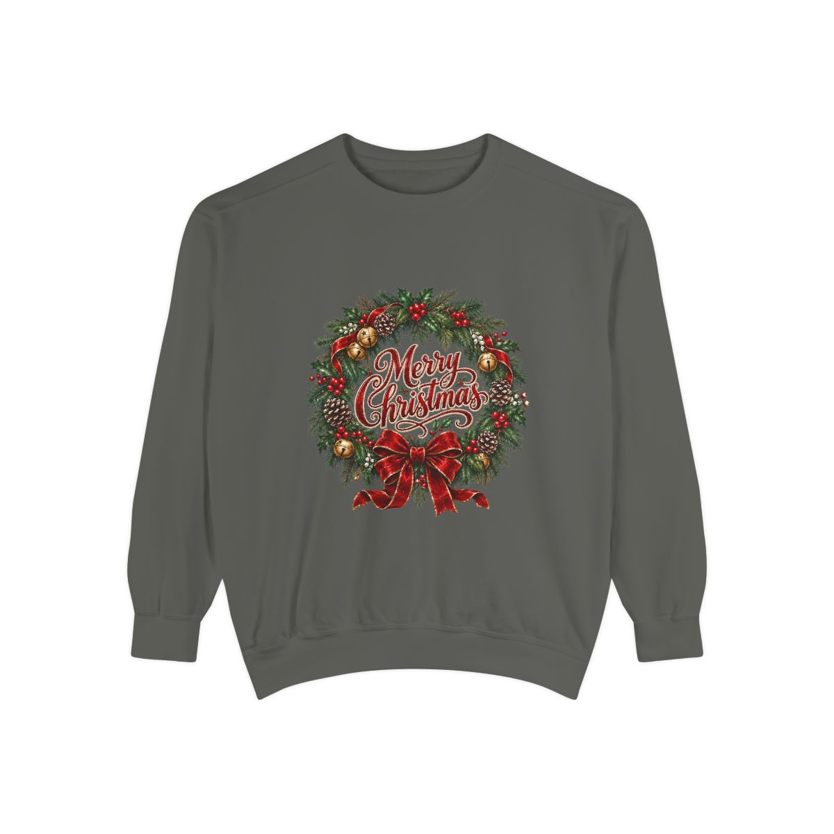 Merry Christmas Wreath Sweatshirt | Holiday Pine Garland, Red Bow, Festive Typography
