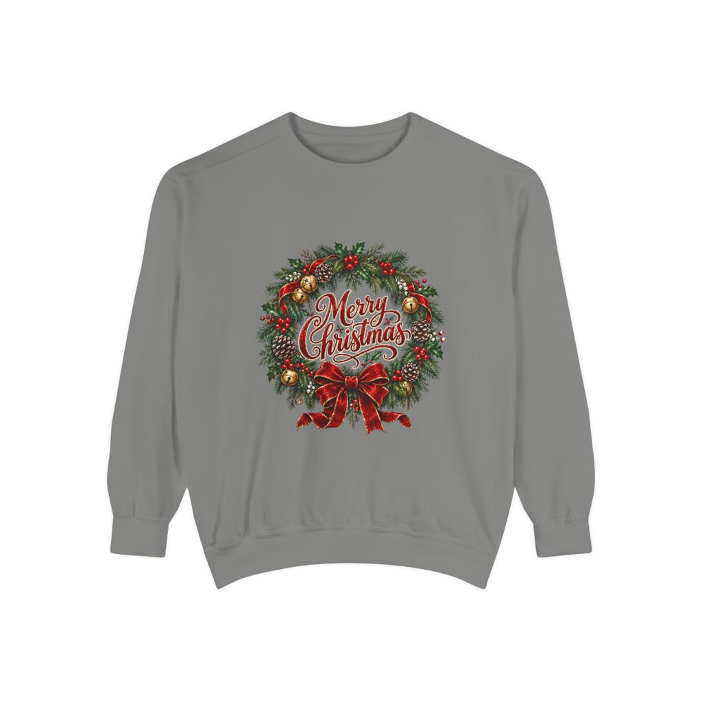 Merry Christmas Wreath Sweatshirt | Holiday Pine Garland, Red Bow, Festive Typography
