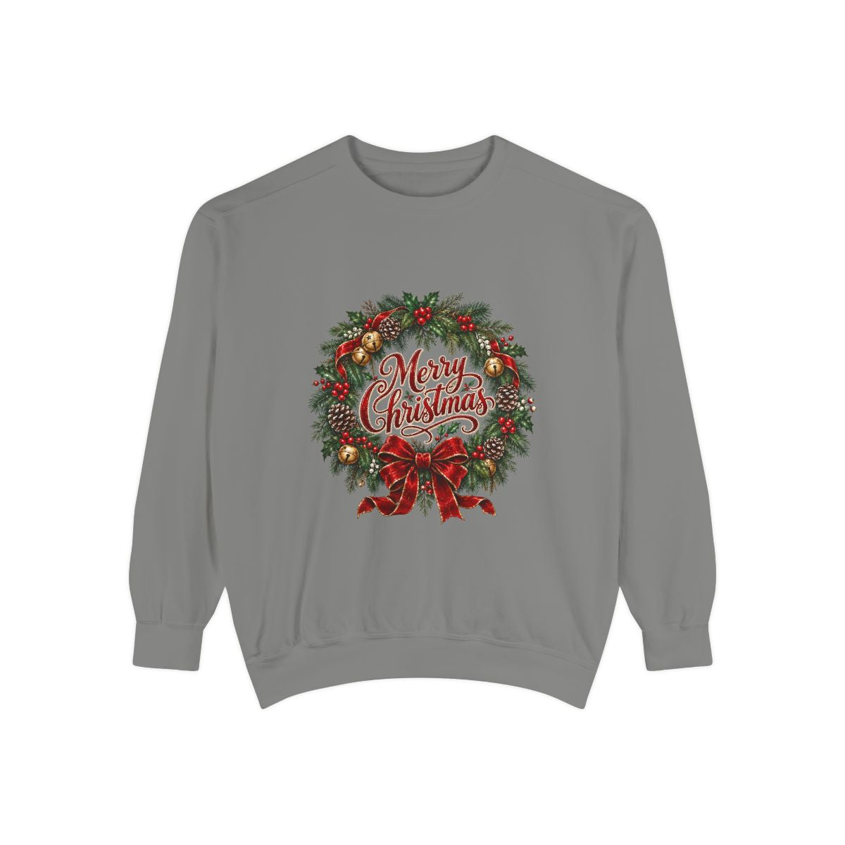 Merry Christmas Wreath Sweatshirt | Holiday Pine Garland, Red Bow, Festive Typography