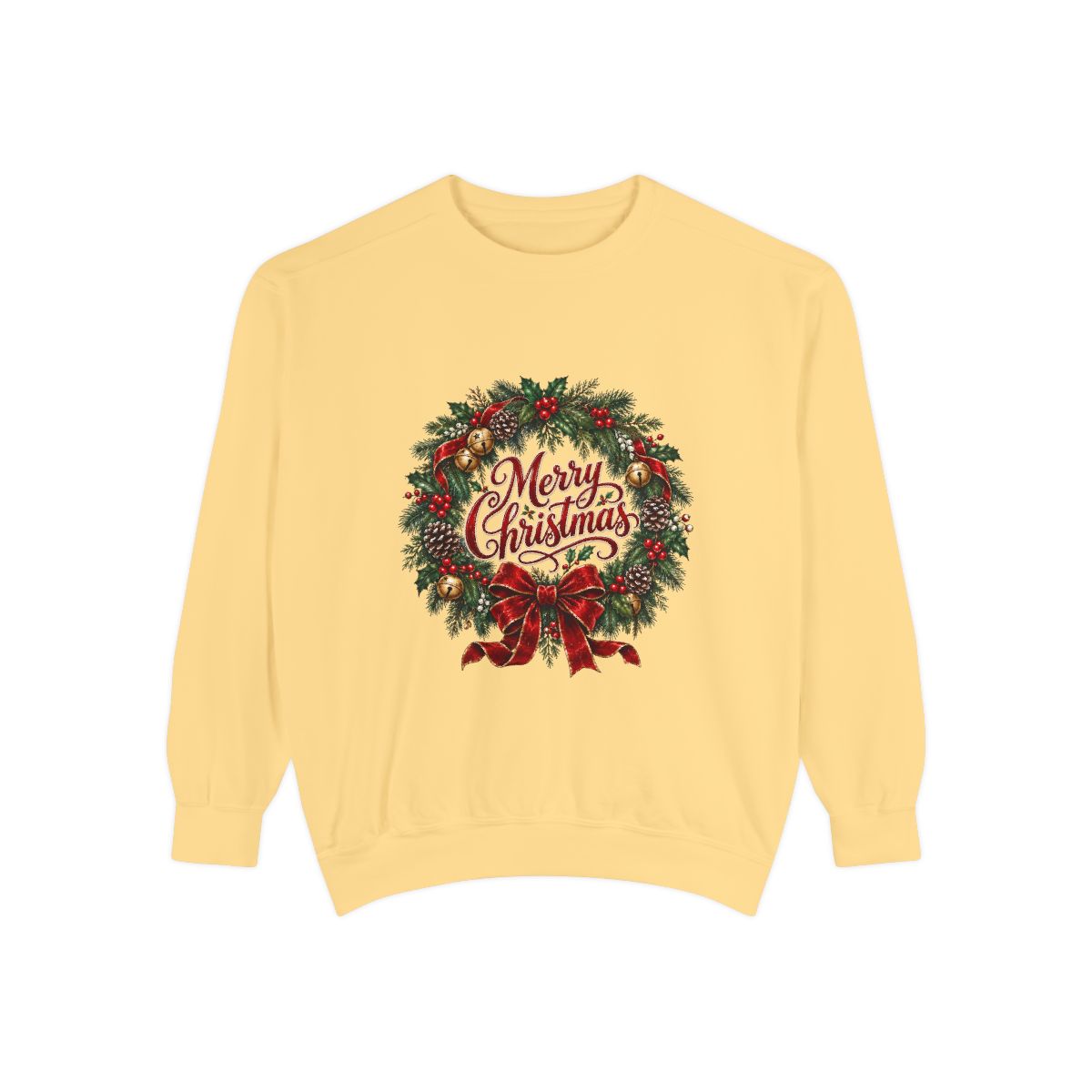 Merry Christmas Wreath Sweatshirt | Holiday Pine Garland, Red Bow, Festive Typography