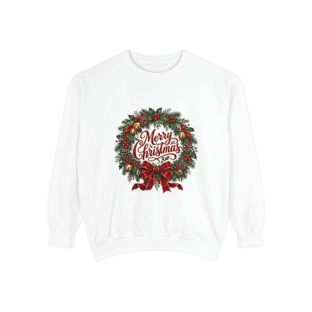 Merry Christmas Wreath Sweatshirt | Holiday Pine Garland, Red Bow, Festive Typography