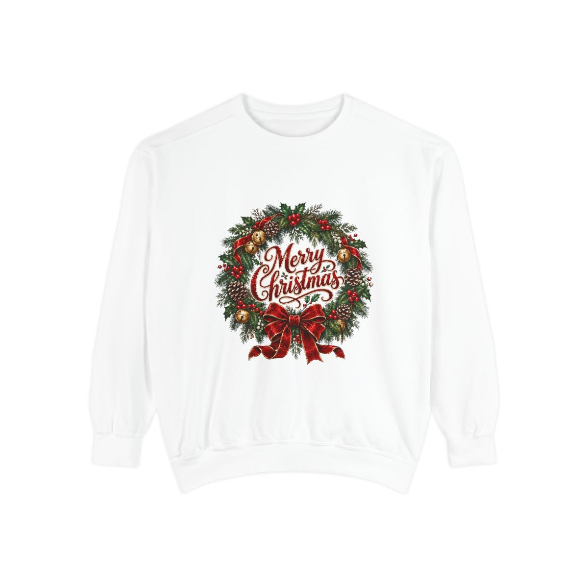 Merry Christmas Wreath Sweatshirt | Holiday Pine Garland, Red Bow, Festive Typography