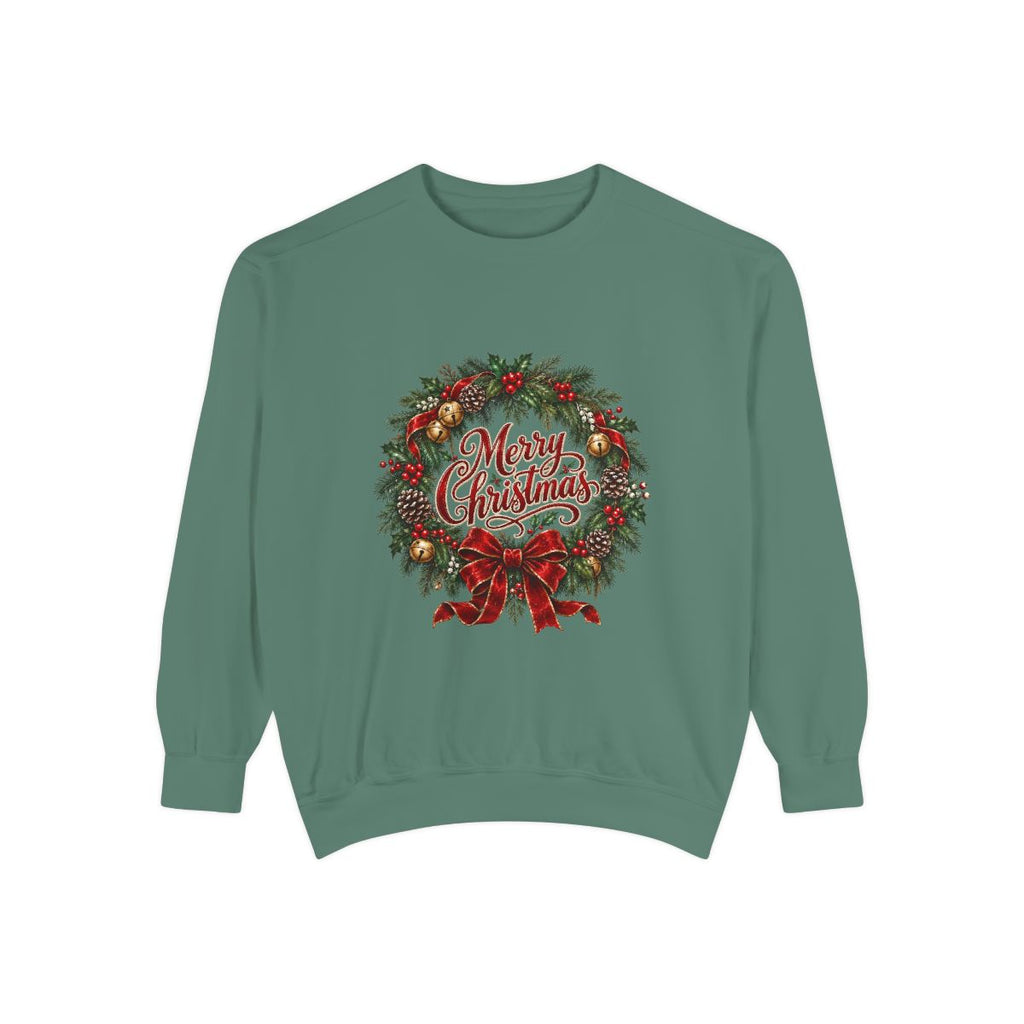 Merry Christmas Wreath Sweatshirt | Holiday Pine Garland, Red Bow, Festive Typography