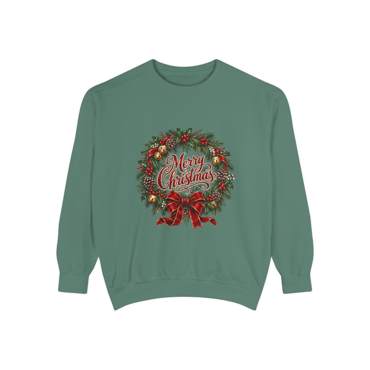 Merry Christmas Wreath Sweatshirt | Holiday Pine Garland, Red Bow, Festive Typography