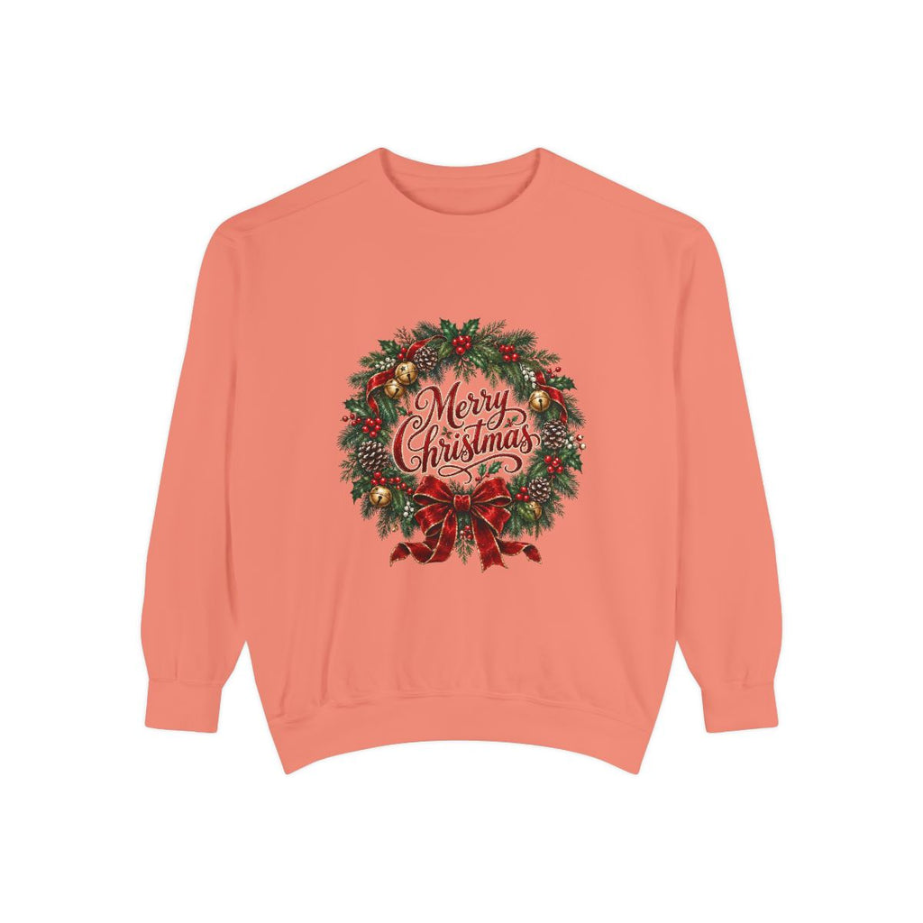 Merry Christmas Wreath Sweatshirt | Holiday Pine Garland, Red Bow, Festive Typography