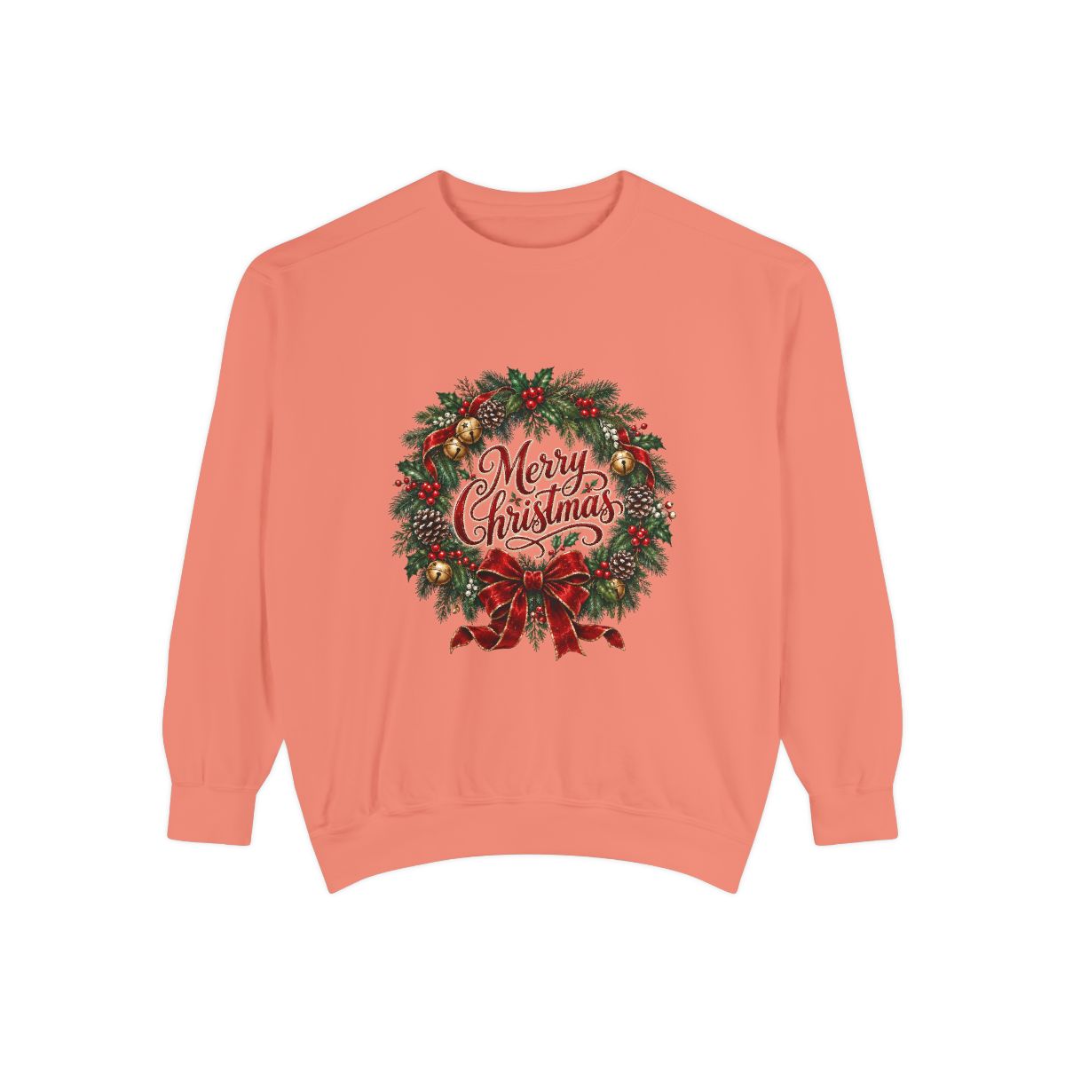 Merry Christmas Wreath Sweatshirt | Holiday Pine Garland, Red Bow, Festive Typography