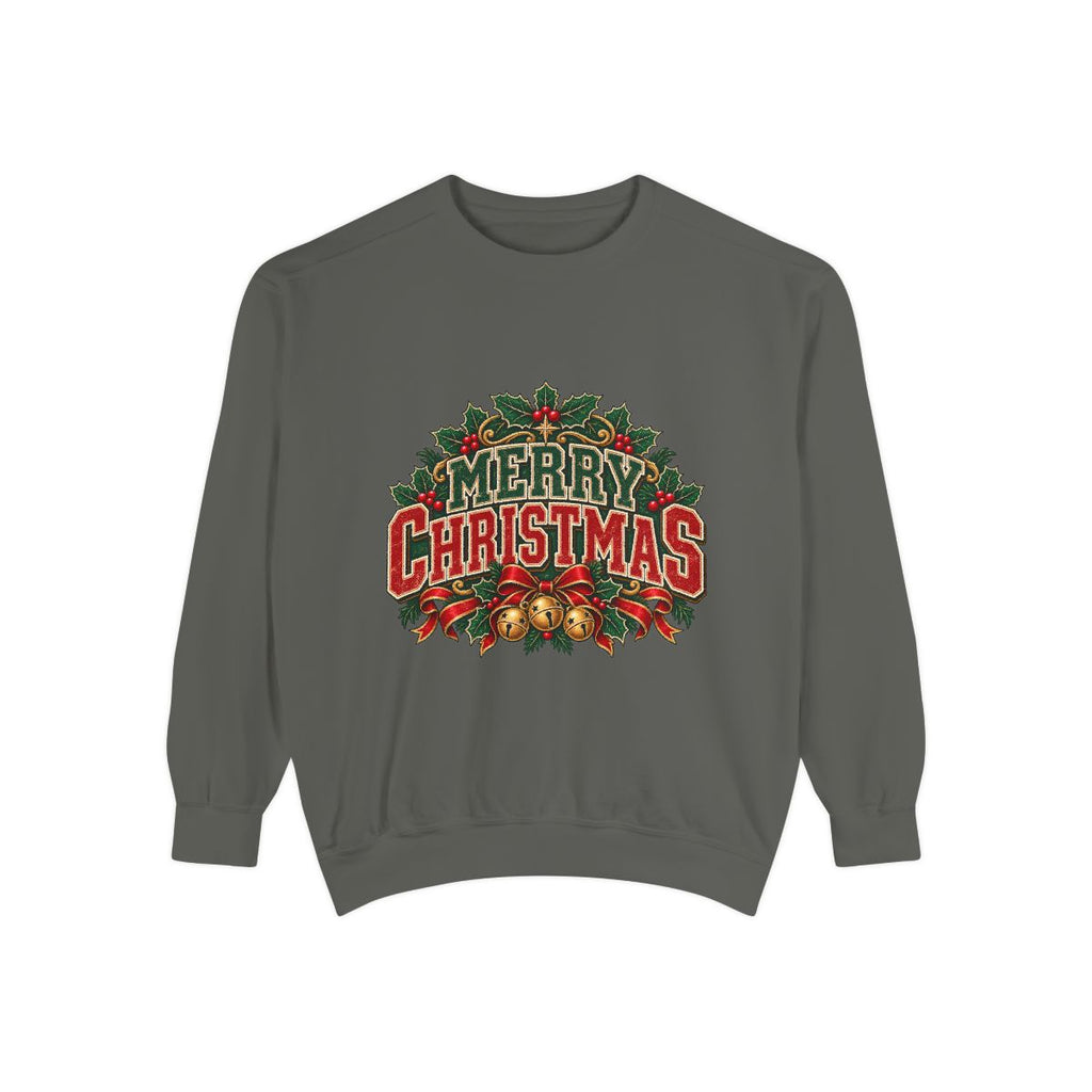 Merry Christmas Wreath Sweatshirt | Vintage Holiday Typography, Bells & Holly