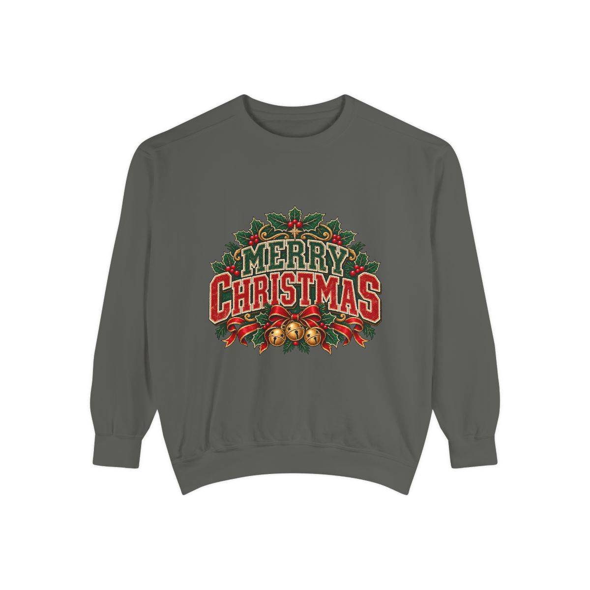 Merry Christmas Wreath Sweatshirt | Vintage Holiday Typography, Bells & Holly