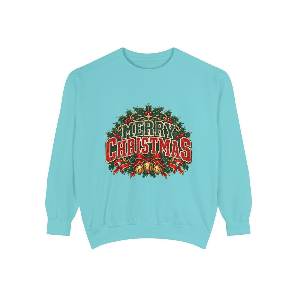 Merry Christmas Wreath Sweatshirt | Vintage Holiday Typography, Bells & Holly
