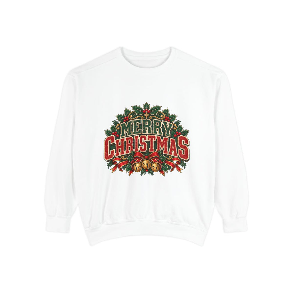 Merry Christmas Wreath Sweatshirt | Vintage Holiday Typography, Bells & Holly