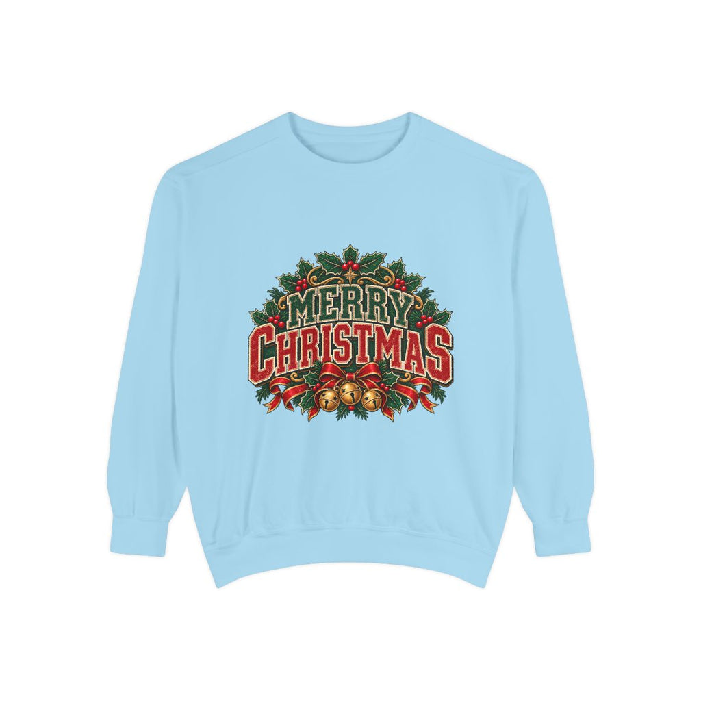Merry Christmas Wreath Sweatshirt | Vintage Holiday Typography, Bells & Holly