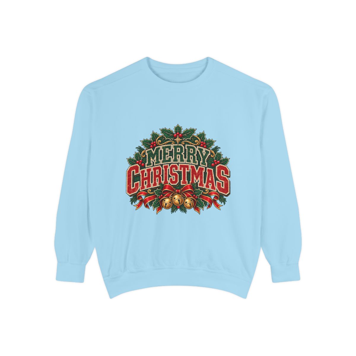Merry Christmas Wreath Sweatshirt | Vintage Holiday Typography, Bells & Holly