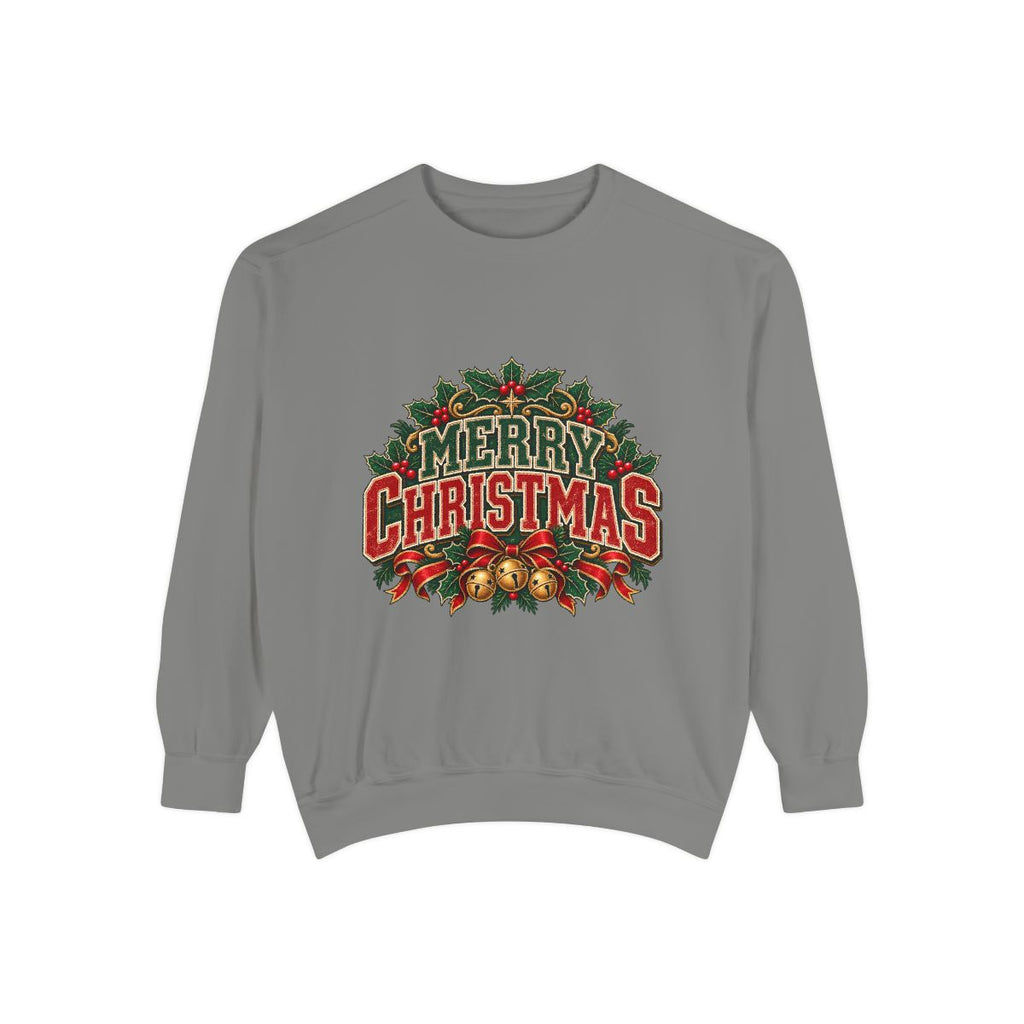 Merry Christmas Wreath Sweatshirt | Vintage Holiday Typography, Bells & Holly
