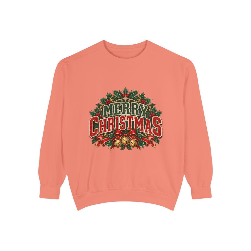 Merry Christmas Wreath Sweatshirt | Vintage Holiday Typography, Bells & Holly