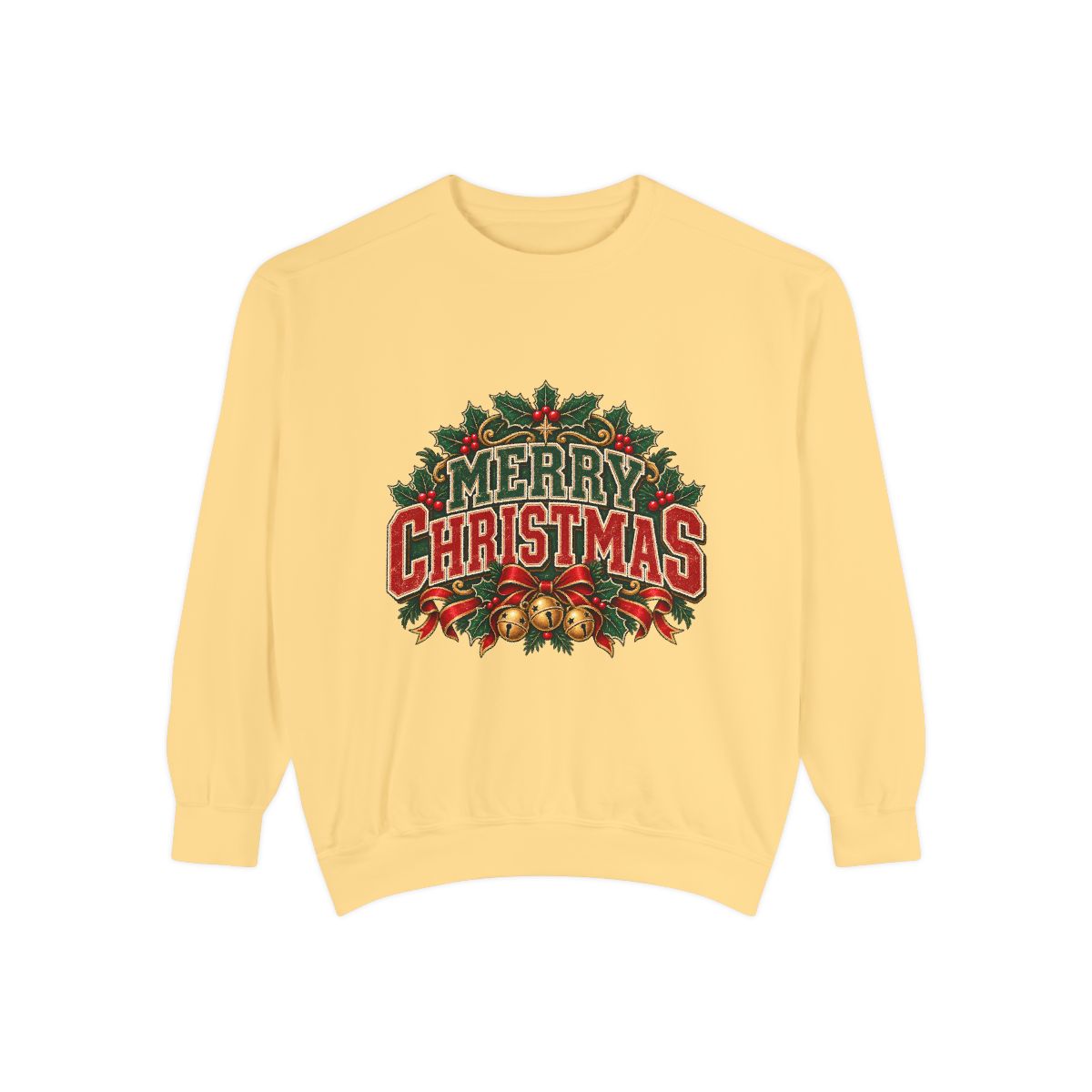 Merry Christmas Wreath Sweatshirt | Vintage Holiday Typography, Bells & Holly