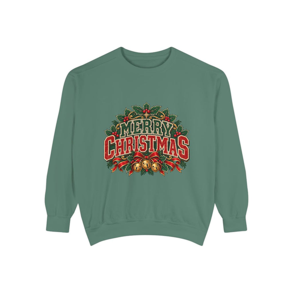 Merry Christmas Wreath Sweatshirt | Vintage Holiday Typography, Bells & Holly