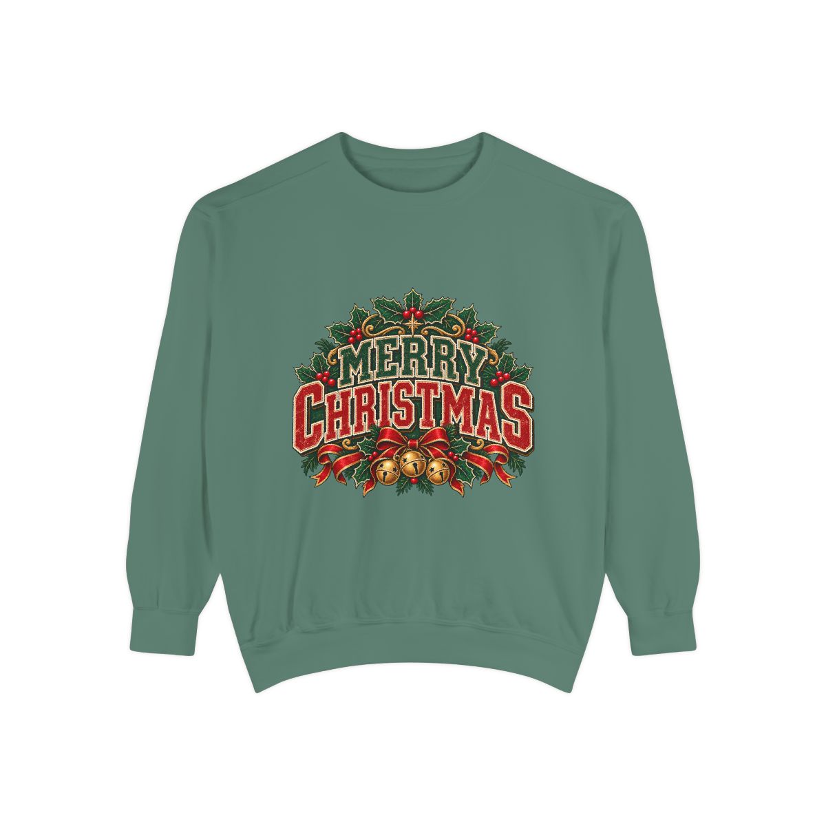Merry Christmas Wreath Sweatshirt | Vintage Holiday Typography, Bells & Holly