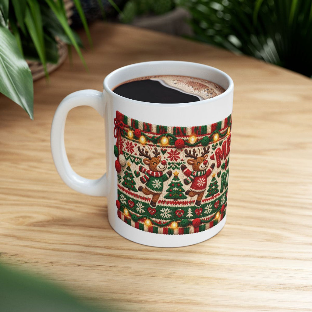 Merry & Knit Christmas Mug | Ugly Sweater Knit Pattern Holiday Coffee Mug, Funny Knitter Gift for Holiday Parties
